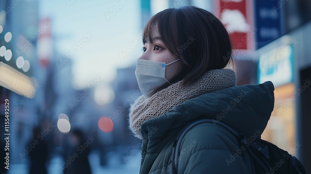 マスクをつけて歩く日本人女性 マスクをつけて歩く日本人女性