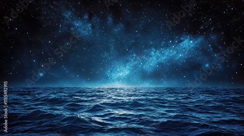 Starry night over blue ocean waves. Ocean extends dark beneath the stars. A vast sky holds a shimmering galaxy at the horizon. Celestial cosmos evokes tranquility and serene tranquility.