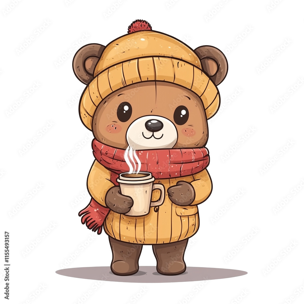 Fototapeta premium Adorable Bear enjoying a warm drink on a cold day