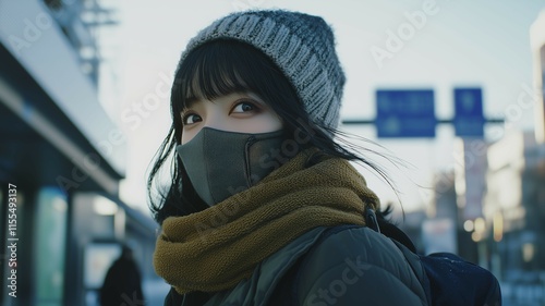 マスクをつけて歩く日本人女性 photo