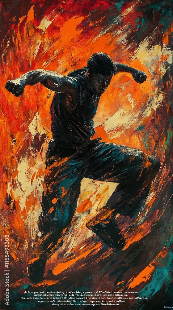 Naklejka premium Action-packed painting of a Krav Maga practitioner executing a defensive maneuver in a high-stakes situation. The vibrant colors and sharp motion convey urgency and self-defense.