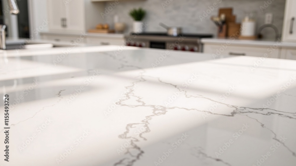 Smooth white marble countertop with delicate vein patterns under soft natural light, set in a modern kitchen with blurred white cabinets and a gray backsplash, creating a luxurious display. Smooth white marble countertop with delicate vein patterns under soft natural light, set in a modern kitchen with blurred white cabinets and a gray backsplash, creating a luxurious display.
