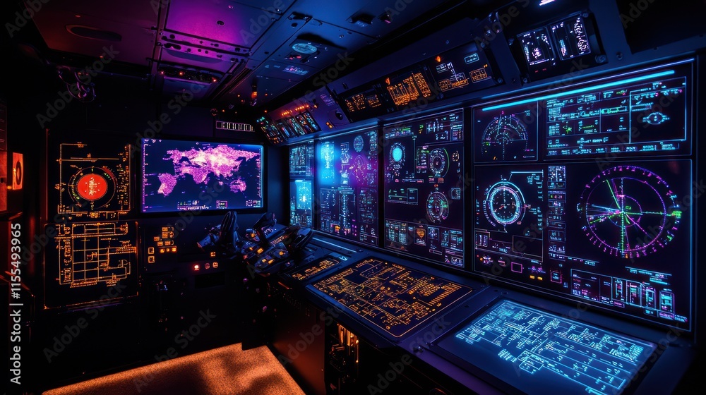 Futuristic spaceship control room with vibrant displays and advanced technology. Futuristic spaceship control room with vibrant displays and advanced technology.