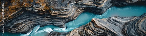 Aerial panorama of the Mistaya Canyon with dramatic rock formations carved by rushing turquoise waters. in 4K resolution