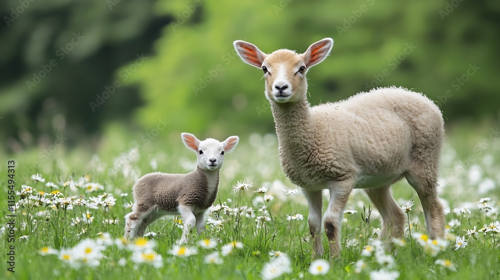 Mother Lamb and Cute Baby Lamb in Breathtaking Springtime Wildflower Meadow : Generative AI Mother Lamb and Cute Baby Lamb in Breathtaking Springtime Wildflower Meadow : Generative AI