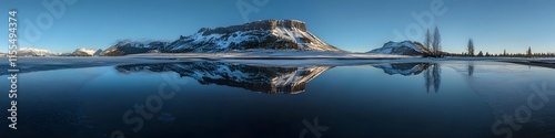 Aerial panorama of Mount Rundle and Tunnel Mountain reflected in the calm waters of Vermilion Lakes. in 4K resolution photo