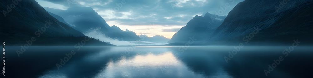 Wide shot of Lake Minnewanka surrounded by dramatic peaks glowing under soft twilight. in 4K resolution Wide shot of Lake Minnewanka surrounded by dramatic peaks glowing under soft twilight. in 4K resolution