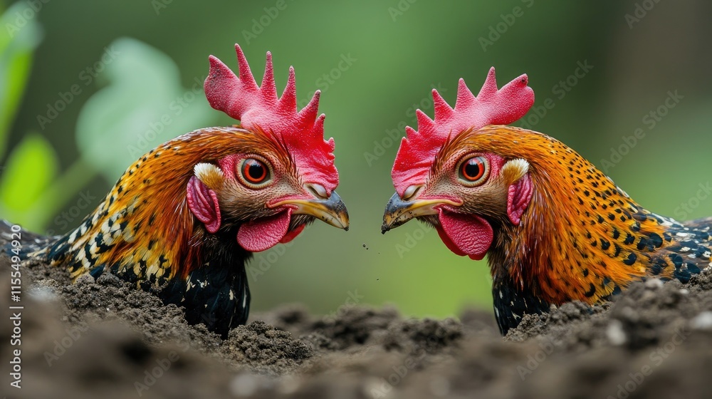 Fototapeta premium Two hens face-off in the dirt, a captivating close-up showcasing their vibrant plumage and intense gaze. The rich colors and detailed textures create a stunning visual experience.