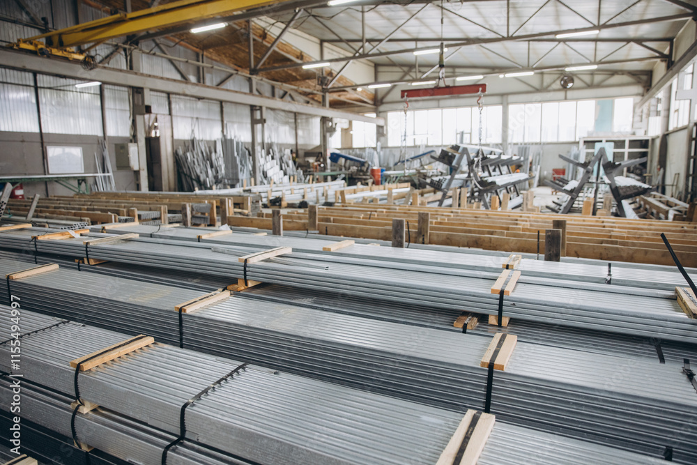 Naklejka premium Aluminum profiles stacked in factory for windows and doors production