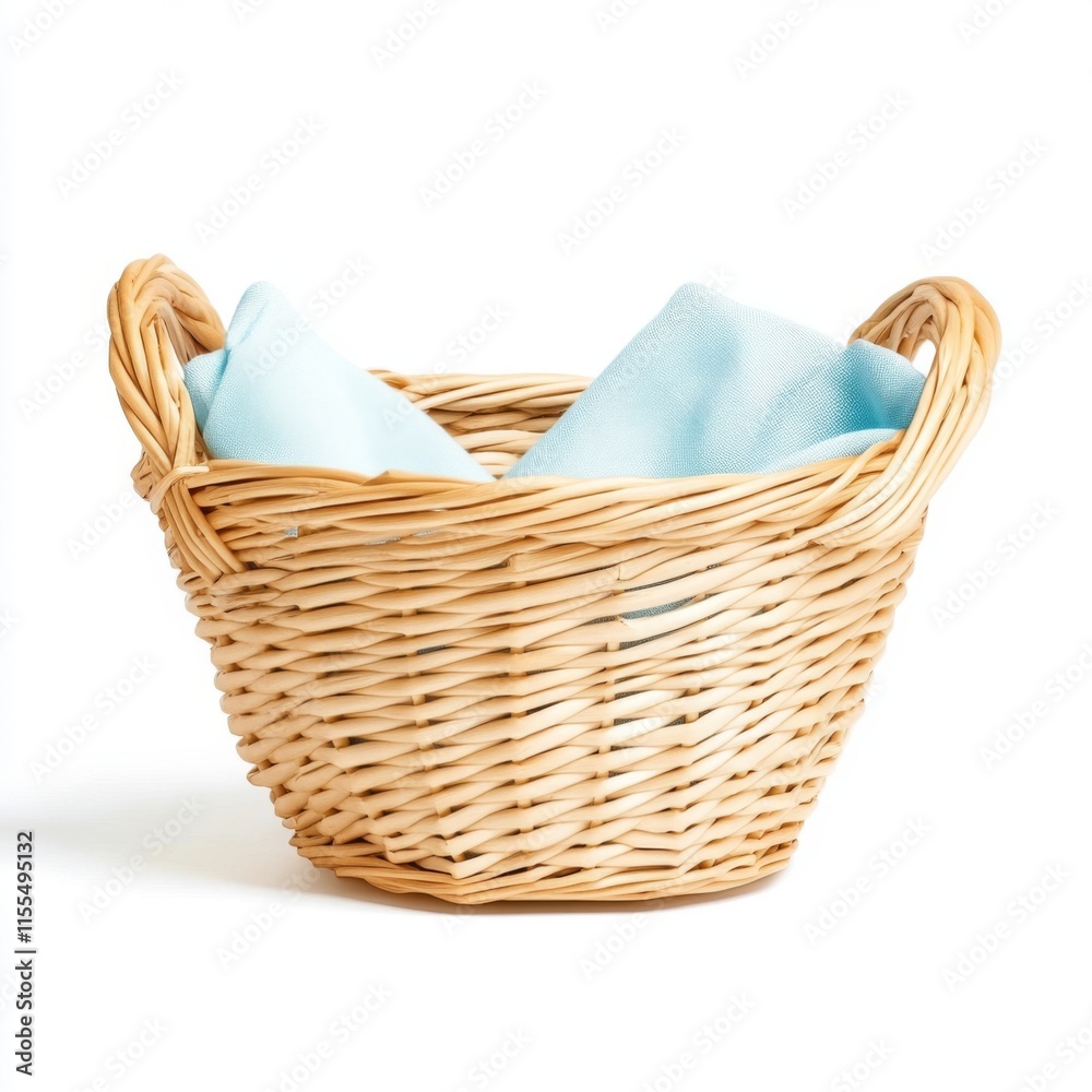 Obraz premium Woven basket with blue cloth resting inside on a plain background for decorative purposes