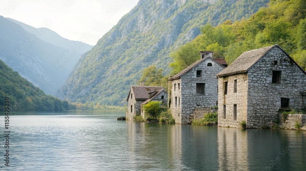 Fototapeta premium Majestic Stone Houses by the Serene Lake