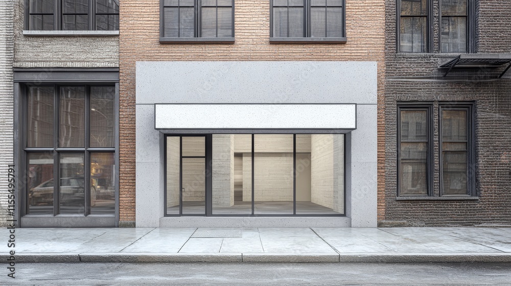 A vacant storefront with large glass windows and a simple facade in an urban setting. A vacant storefront with large glass windows and a simple facade in an urban setting.