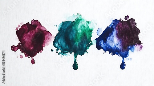 Slow watercolor painting effect with emerald green blue burgundy ink blobs expanding and blending