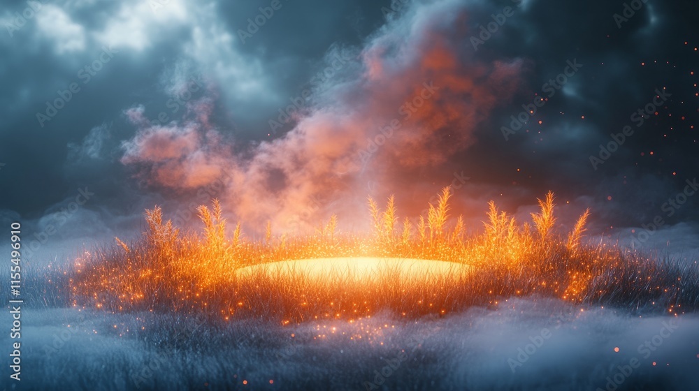 Fototapeta premium Abstract glowing grass podium surrounded by mist and sparkles --ar 16:9 --stylize 250 --v 6.1 Job ID: e79b5835-7d0e-45f9-b7c4-2c1b4bbea21e