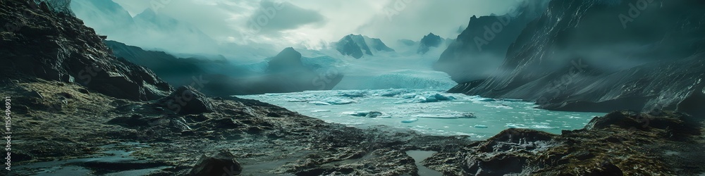 Wide-angle shot of Grey Glacier stretching dramatically into the horizon. with vibrant turquoise waters glowing under soft sunlight. in 4K resolution