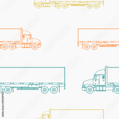 Editable Outline Style Side View Trailer Trucks Vector Illustration in Various Colors as Seamless Pattern for Creating Background of Vehicle or Shipment Transportation Related Design