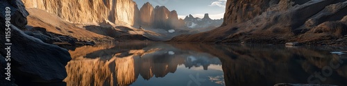 A panoramic view of the Torres del Paine towers illuminated by the golden light of sunrise. with reflections shimmering in Laguna Amarga. in 4K resolution