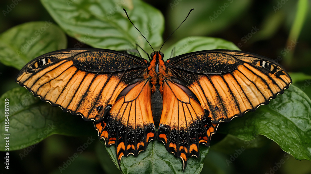 Close-up of a vibrant orange and black butterfly with intricate wing details perched on lush green foliage. Close-up of a vibrant orange and black butterfly with intricate wing details perched on lush green foliage.