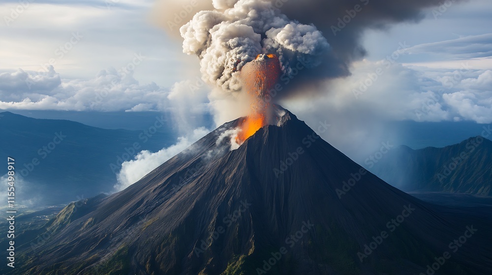 Majestic Volcano Eruption with Smoke Clouds and Ash Plume against Blue Sky : Generative AI Majestic Volcano Eruption with Smoke Clouds and Ash Plume against Blue Sky : Generative AI