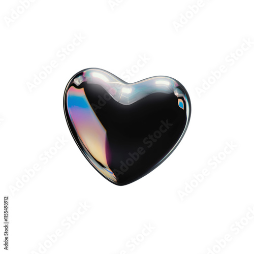 A 3D render of a minimalist style, isolated on transparent background. There's a black heart shape holographic iridescent object floating in the air. The object has a smooth, shiny surface 