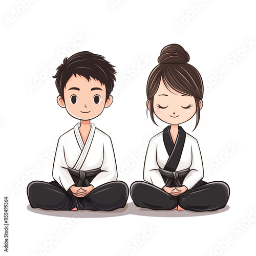 Adorable Couple in Martial Arts Attire: A Peaceful Meditation Pose photo