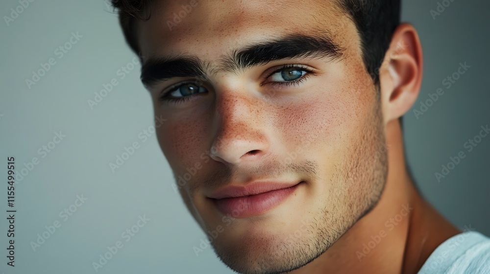 Fototapeta premium Close-Up of Young Man Looking Thoughtfully to Side and Smiling at Lens Against Simple Gray Background