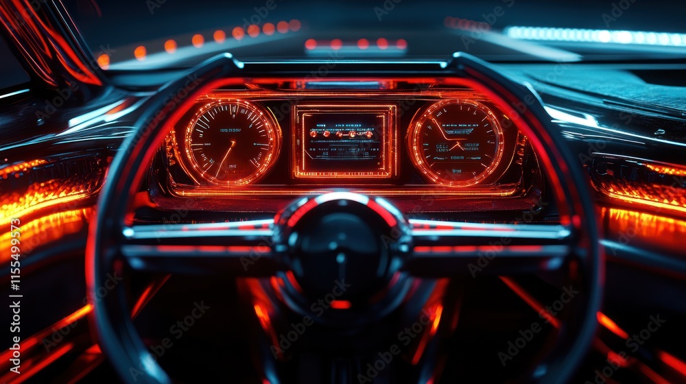 custom made wallpaper toronto digitalFuturistic car interior with illuminated dashboard and steering wheel.