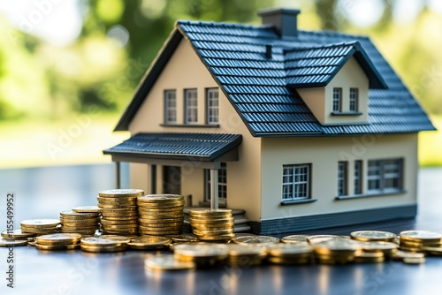 Miniature house model with stacks of gold coins symbolizing homeownership costs or investment.