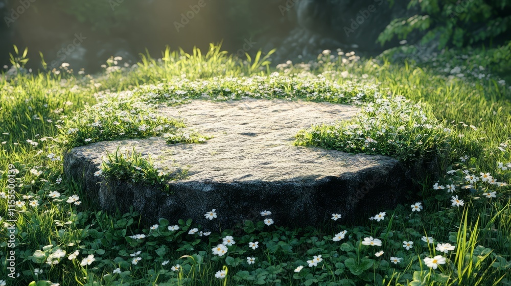 Circular grass podium surrounded by wildflowers in a bright field Circular grass podium surrounded by wildflowers in a bright field