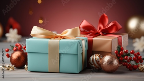 Two multicolor gift boxes with red ribbon with flowers and simple solid color background.