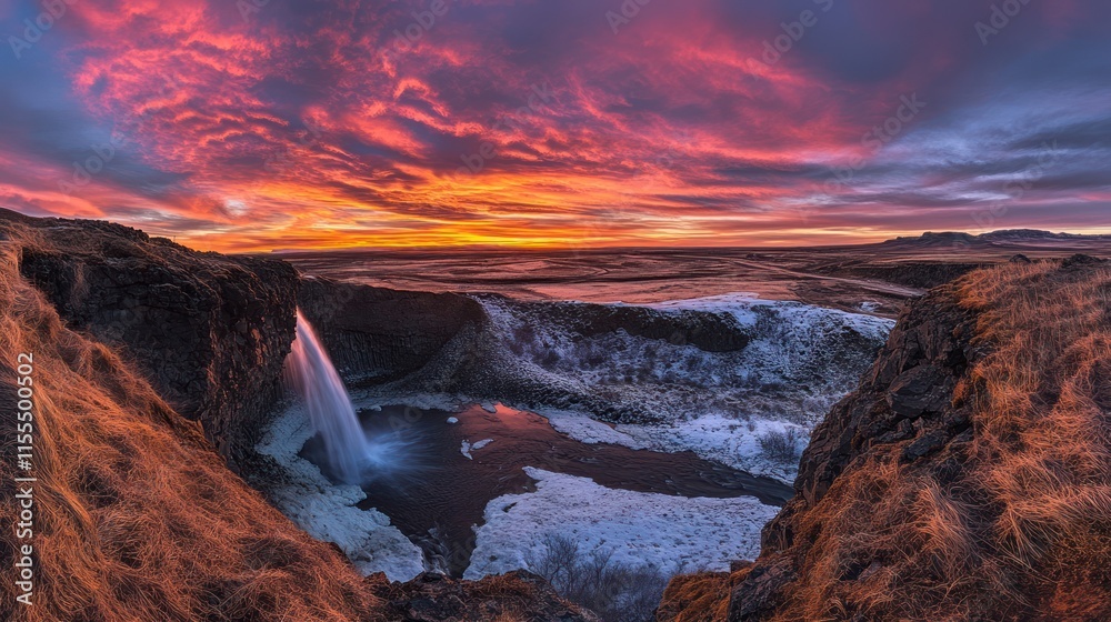 Fototapeta premium Dramatic sunset over a frozen waterfall in Iceland.