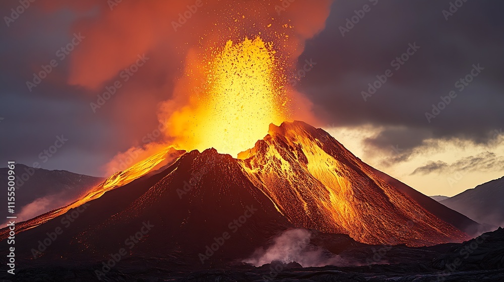 Phenomenal Volcanic Explosion with Illuminating Lava and Thick Ash Cloud during Twilight : Generative AI Phenomenal Volcanic Explosion with Illuminating Lava and Thick Ash Cloud during Twilight : Generative AI