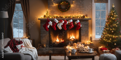 Cozy Christmas Eve Fireplace Scene. Warm living room with decorated tree, steaming cocoa, cookies, and soft snowfall. Perfect for holiday, winter, home, family, and comfort themes.