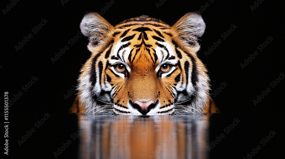 Naklejka premium Majestic tiger's head and reflection in dark water.