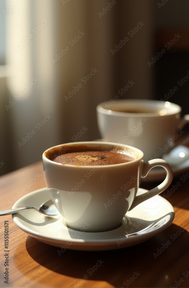 Two cups of coffee sitting on top of a wooden table Two cups of coffee sitting on top of a wooden table
