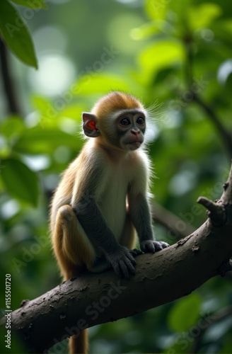 A monkey sitting on a tree branch in a forest