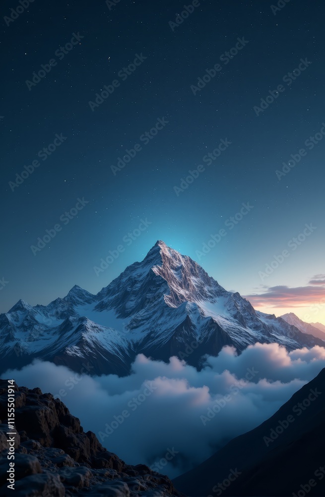 A mountain range covered in clouds under a starry sky A mountain range covered in clouds under a starry sky