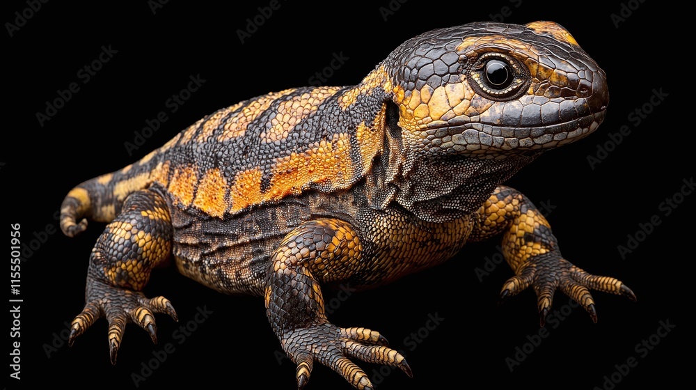 Obraz premium Close-up of a vibrant, small lizard with yellow and black stripes, isolated on a black background.