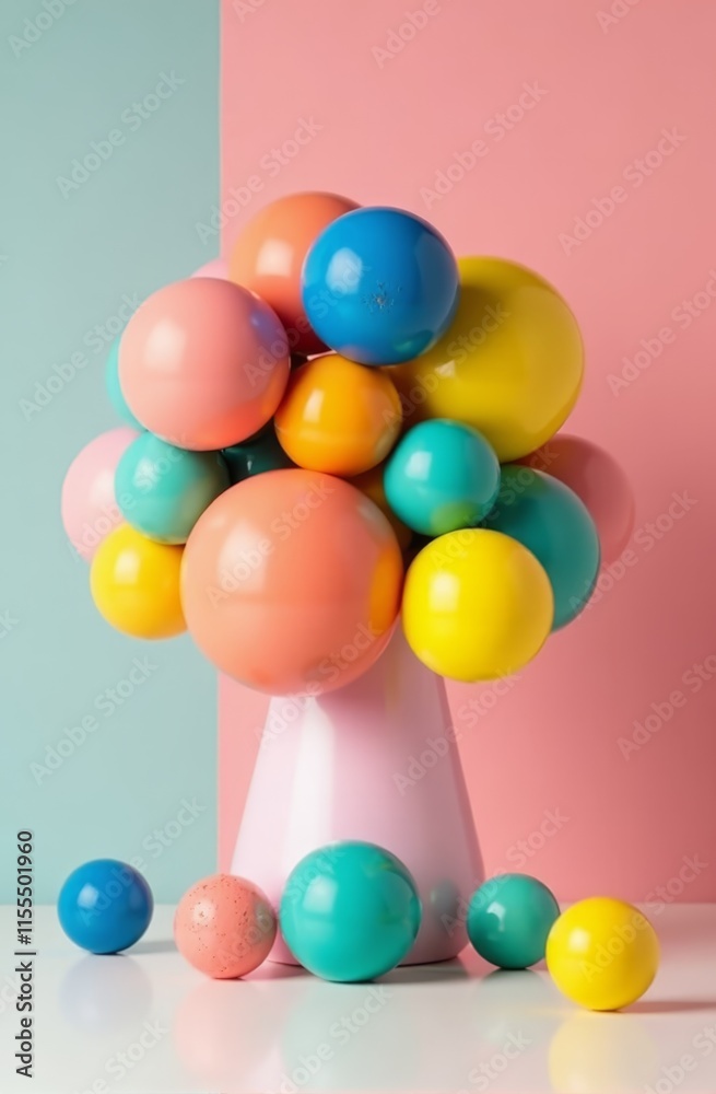 A vase filled with lots of colorful balloons on a table A vase filled with lots of colorful balloons on a table