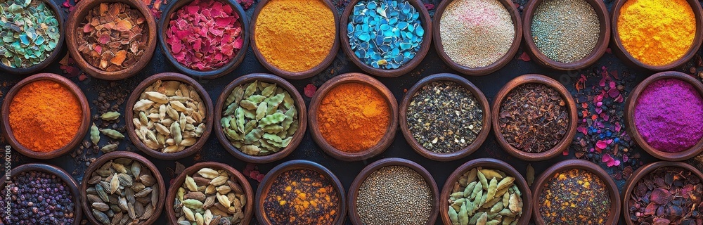 Colorful spices in bowls, overhead view. Colorful spices in bowls, overhead view.