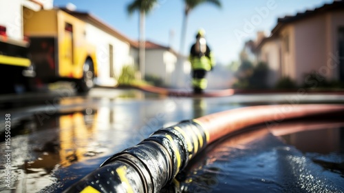 Firefighters and police working together at a residential house fire scene, with focus on water hose in the foreground, showcasing teamwork, emergency response, and public safety