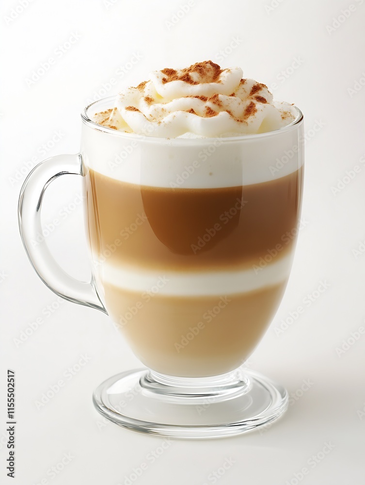 Elegant Layered Latte with Whipped Cream in a Glass Mug on White Background : Generative AI Elegant Layered Latte with Whipped Cream in a Glass Mug on White Background : Generative AI