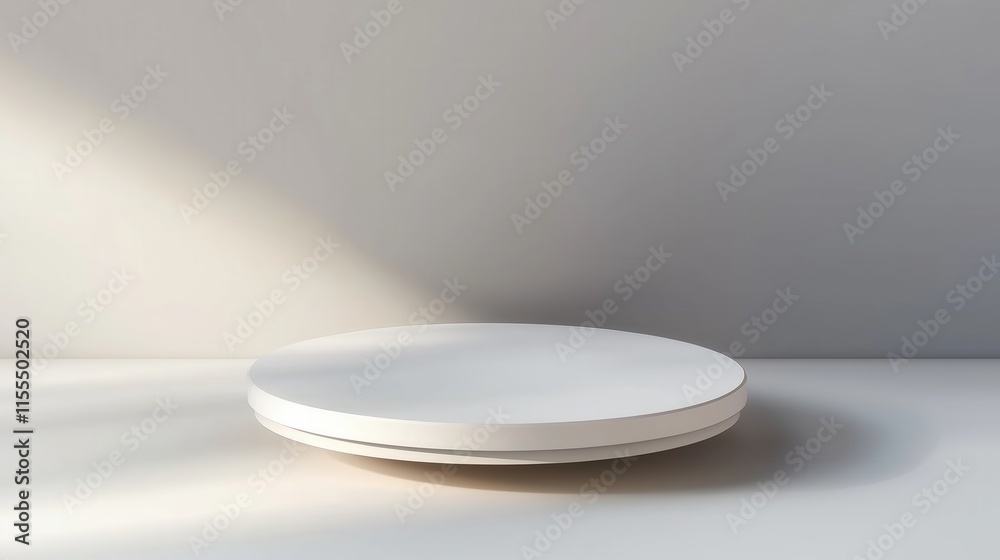 Fototapeta premium a white, round, empty podium platform standing on the floor against a grey background, in a minimalist style with a soft shadow