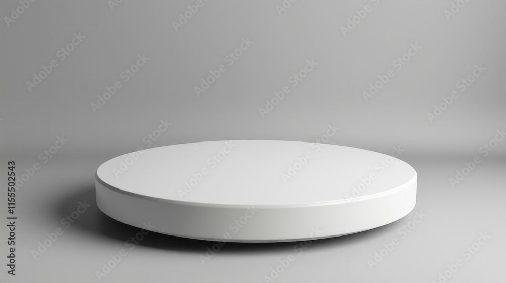 a white, round, empty podium platform standing on the floor against a grey background, in a minimalist style with a soft shadow a white, round, empty podium platform standing on the floor against a grey background, in a minimalist style with a soft shadow