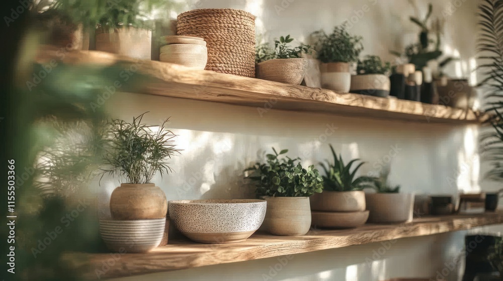 Rustic wooden shelves with potted plants and home decor. Rustic wooden shelves with potted plants and home decor.