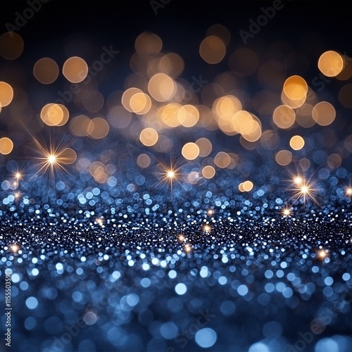 Sparkling blue and gold glitter bokeh background.