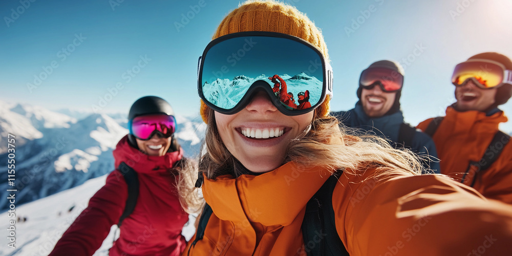 Enjoying a sunny day skiing in the mountains with friends Enjoying a sunny day skiing in the mountains with friends