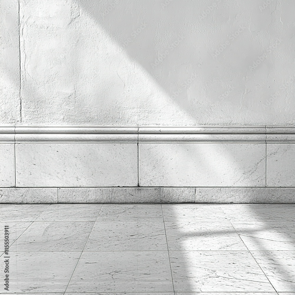 Sunlight casts shadows on a white marble wall and floor. Sunlight casts shadows on a white marble wall and floor.