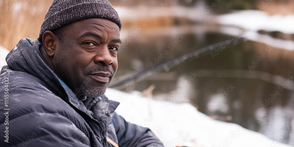 Man fishing by a snowy riverbank during winter season Man fishing by a snowy riverbank during winter season
