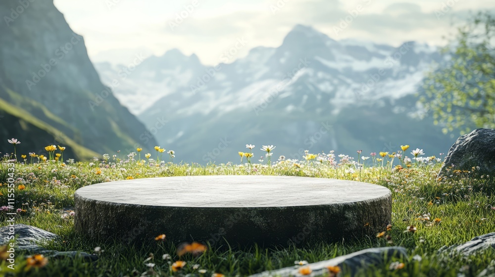 custom made wallpaper toronto digitalGrass podium placed in a serene mountain field with wildflowers